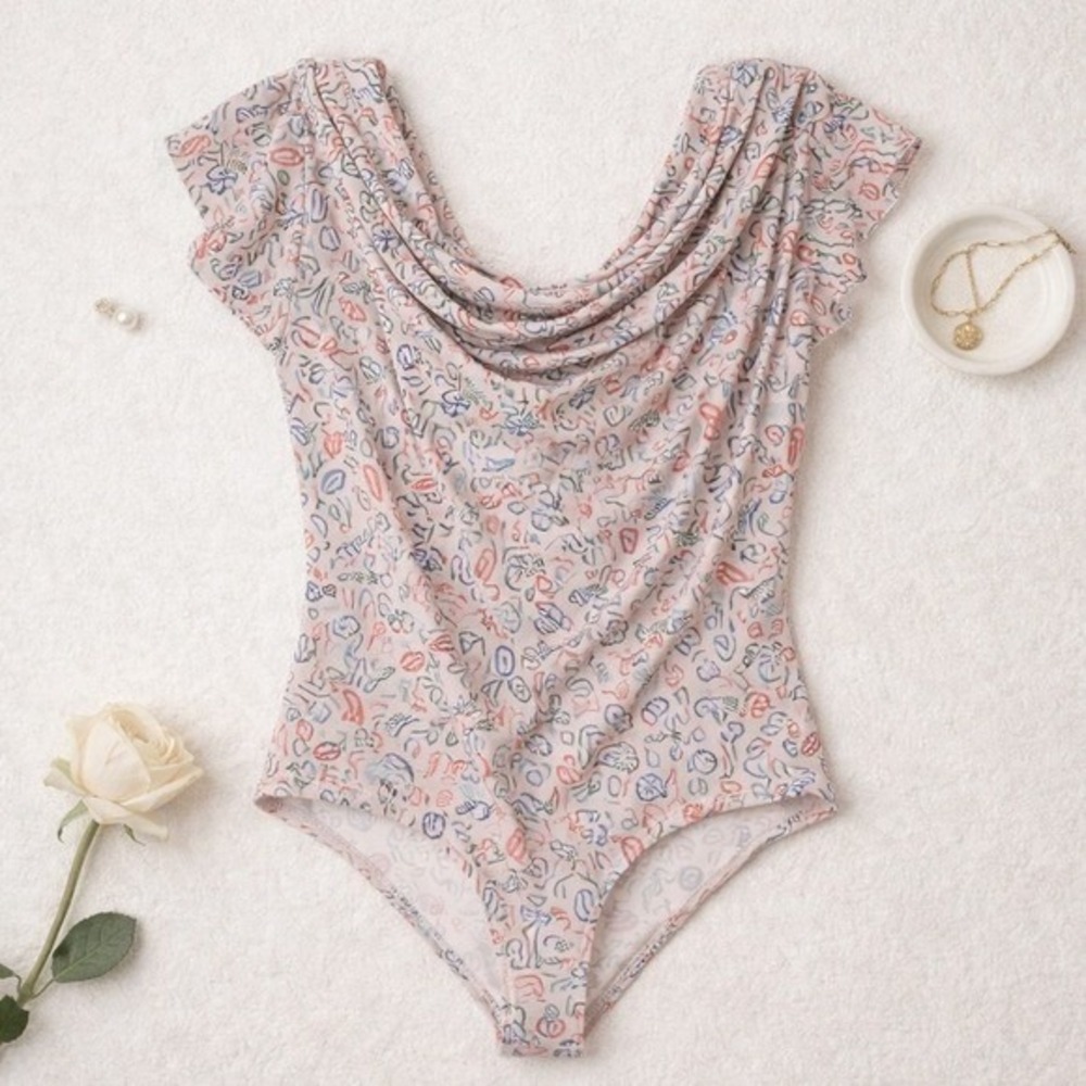 Nordstrom Blush Doodle Line Cowl Neck Bodysuit Short Sleeve Off Shoulder New S